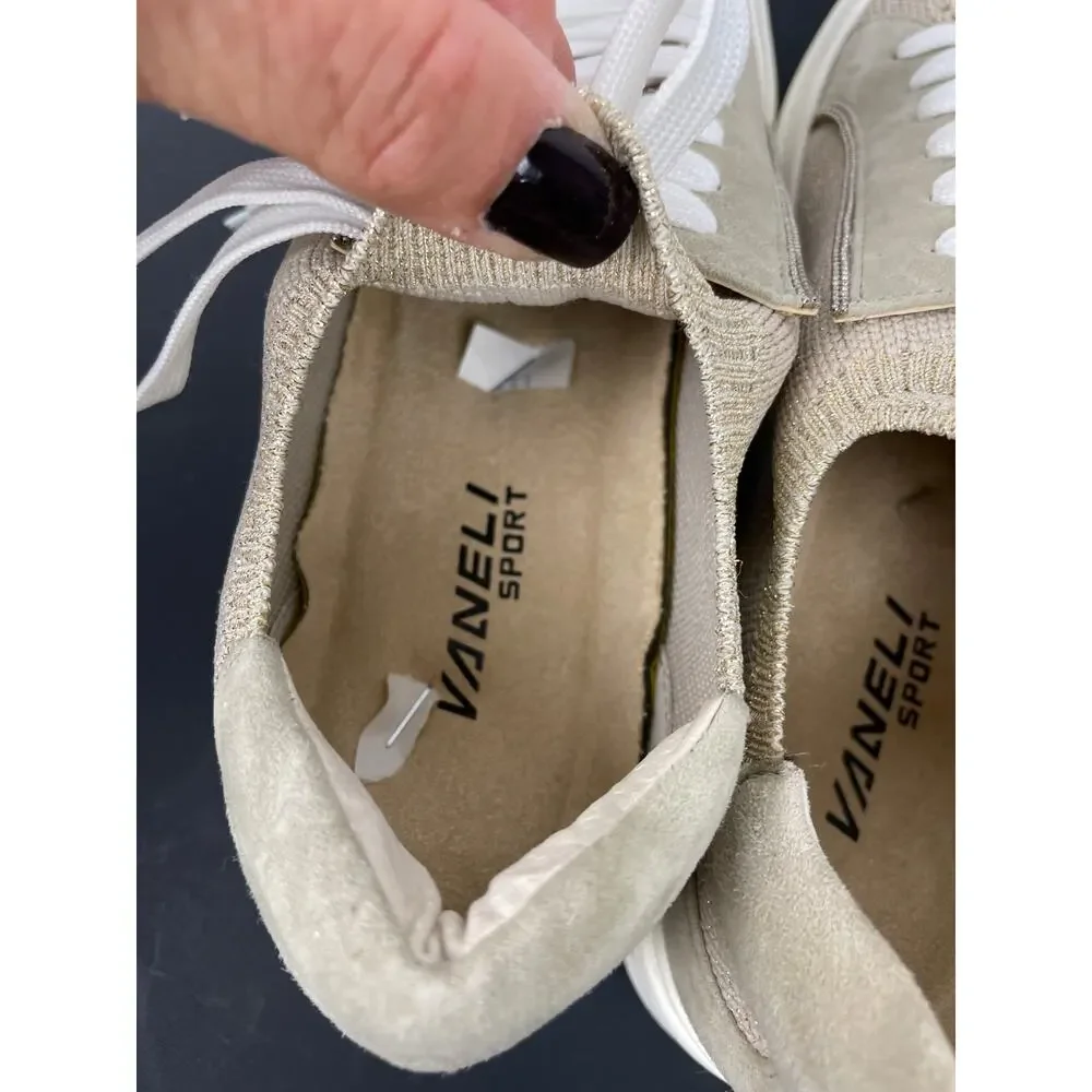 VANELi Sport Yaqira Metallic Knit/Suede Platform Sneakers Light Taupe Sz 7M NWOB